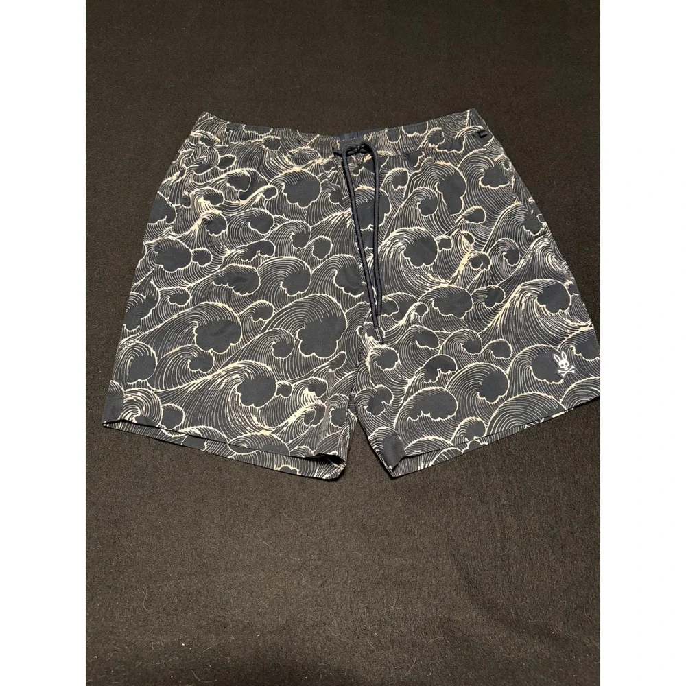 Psycho Bunny Mens Navy Wave Print Swim Trunks Board Shorts Size Medium